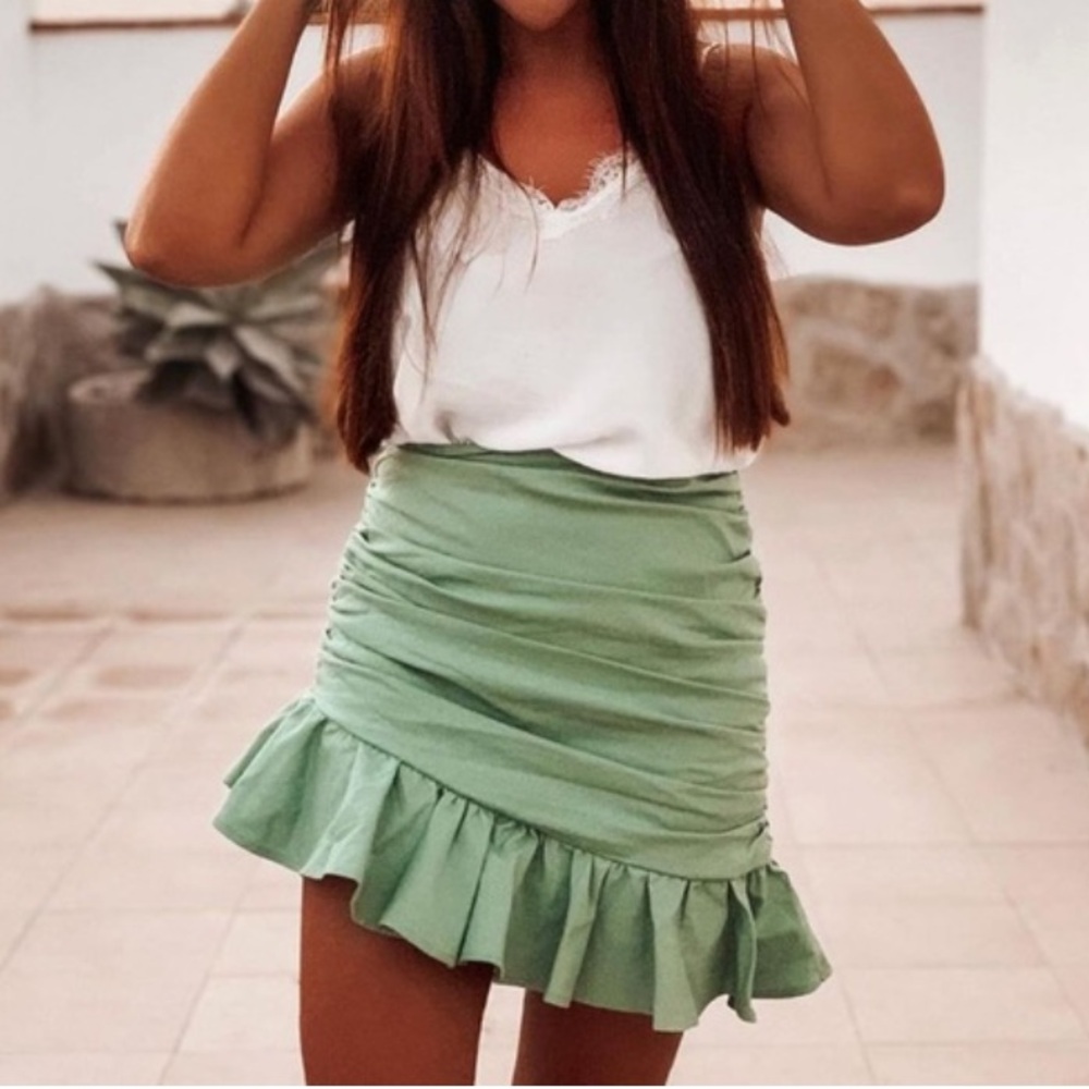 Zara Sea Green Draped Ruched Mini Skirt XL